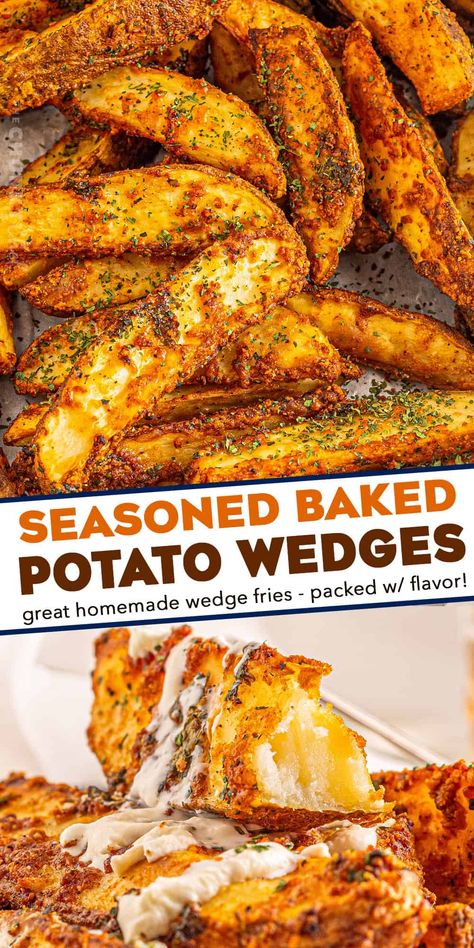 These Baked Potato Wedges are seasoned with zesty blend of spices and baked until gloriously crispy on the outside, and soft and fluffy inside! They're the perfect side dish! Side Dish Thanksgiving, Baked Potato Wedges, Desserts Thanksgiving, Potato Wedges Baked, Thanksgiving Menu Ideas, Potato Recipes Side Dishes, Potato Side Dishes, Potato Wedges, Thanksgiving Menu