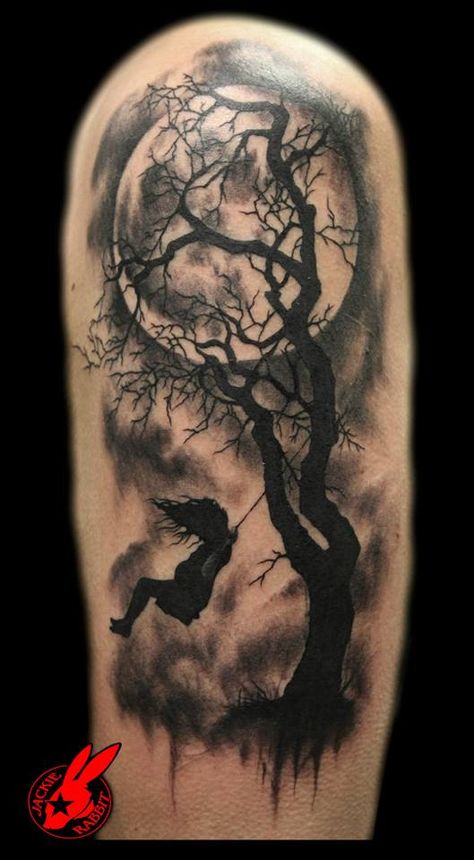 Tree Girl on Swing Tattoo by Jackie Rabbit | Custom Tattoo b… | Flickr Swing Tattoo, Tree Silhouette Tattoo, Tree Tattoo Men, Tree Tattoos, Polynesian Tattoos, Tree Tattoo Designs, Silhouette Tattoos, Cat Tattoos, Shoulder Tattoos