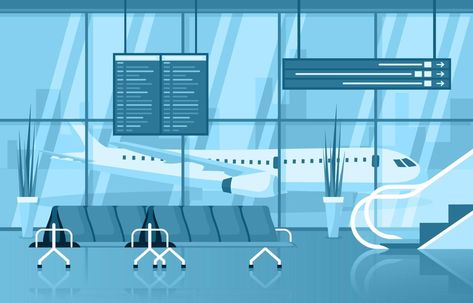 Airport Airplane Terminal Gate Waiting Room Hall Interior Flat Illustration Airport Tickets, 3d Typography Design, Airport Check In, Airport Airplane, Old Greeting Cards, Hall Interior, 3d Typography, Background Drawing, Interior Illustration