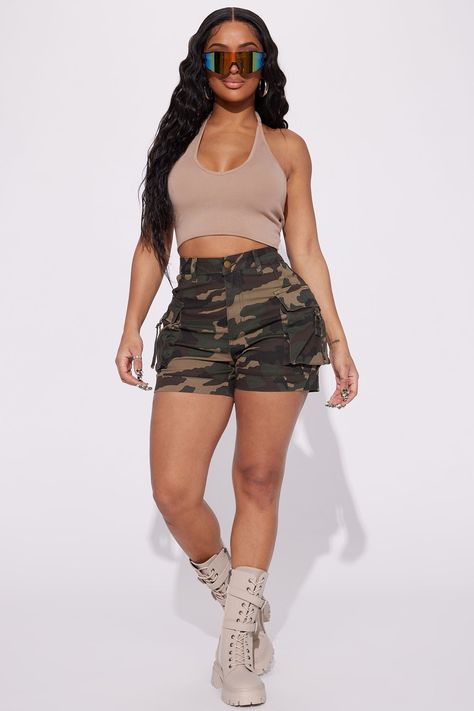 Camo Shorts Outfit Women, Camo Cargo Shorts, Collarless Coat, Taupe Fashion, Cargo Short, Camo Shorts, Utility Pockets, 1 Piece Swimsuit, Simple Outfit