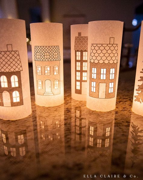 Printable Christmas Village, Luminary Diy, Tea Crafts, Candle Luminaries, Paper Pop, Xmas Deco, Computer Paper, Christmas Paper Crafts, Winter Candle