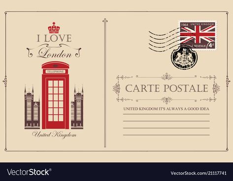 Flag Of United Kingdom, London Telephone Booth, Retro Postcard, Royal Coat Of Arms, United Kingdom Flag, Telephone Booth, Postage Stamp, Vintage Postcard, Business Names