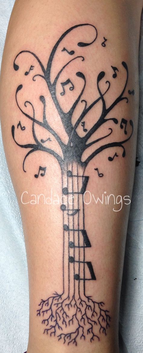 Really fun tattoo I did of a music tree with music notes for leaves and the trunk, on the side of a calf. Still one of my favorite pieces so far :) Stars And Music Notes Tattoo, Tree And Music Tattoo, Music Note Tree Tattoo, Thigh Music Tattoos Women, Music Tree Tattoo, Music And Flower Tattoo, Musical Tattoos For Women, Music Tattoos For Women Beautiful, Tattoo Music Ideas