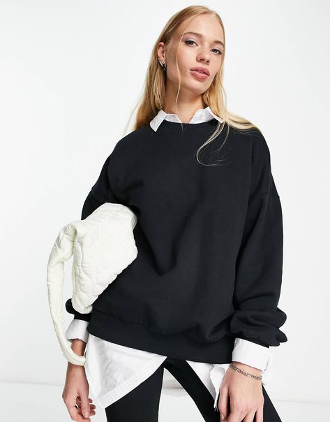 Black Sweatshirt Outfit, Crewneck Sweatshirt Outfit, Oversized Sweatshirt Outfit, Sweatshirt With Collar, Baggy Shirt, Black Hoodie Women, Sweatshirt Outfit, Sweatshirt Fabric, Blue Sweatshirt