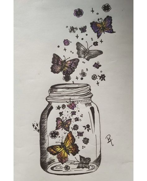 Butterfly In Jar Drawing, Butterflies In A Jar, Jar Drawing, Dream Jar, Bottle Tattoo, Bottle Drawing, Butterfly Drawing, Random Ideas, Mehendi Designs