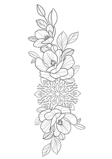 Tattoos Stencils Outline, Linework Flowers, Floral Linework, Mandala Hip Tattoo, Flower Leg Tattoos, Floral Mandala Tattoo, Mandala Flower Tattoos, Arm Sleeve Tattoos For Women, Shin Tattoo