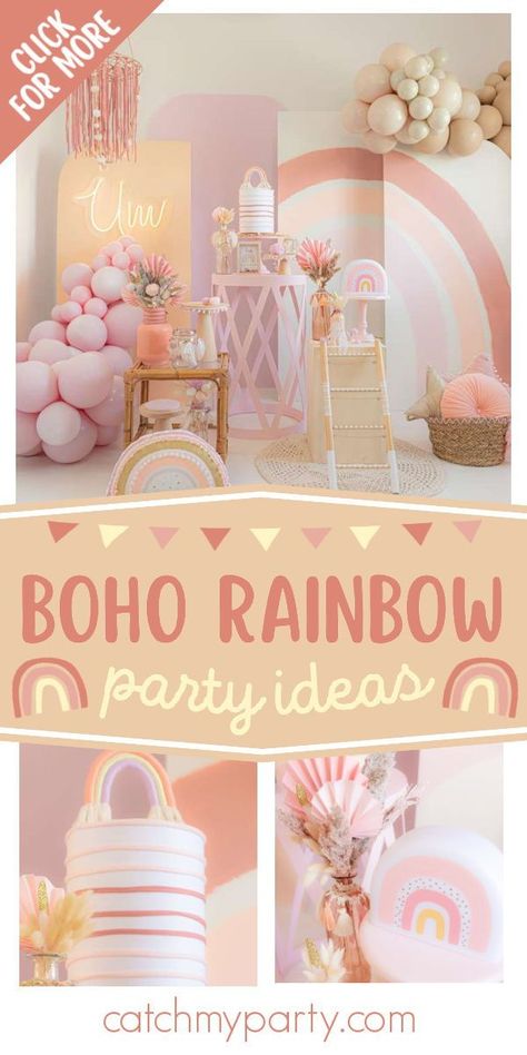 Feast your eyes on this magical boho rainbow 1st birthday party! The dessert table is gorgeous! See more party ideas and share yours at CatchMyParty.com Turning One Birthday Girl Themes, First Birthday Girl Rainbow Theme, Baby 1st Birthday Girl Party Ideas, Baby Girl 1st Birthday Ideas, Boho Rainbow 1st Birthday Party, 1st Birthday Girl Party Ideas, First Birthday Girl Themes, Boho Rainbow 1st Birthday, Rainbow 1st Birthday Party