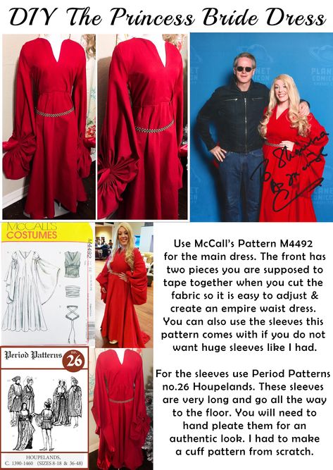 The patterns you will need to make your own Princess Buttercup dress from the movie "The Princess Bride". You will need McCall’s M4492 for the main dress &  Period Patterns no.26 for the sleeves. You can easily use the McCall's pattern for the whole dress. Princess Bride Buttercup Dress, Princess Bride Red Dress, Princess Buttercup Dress Pattern, Buttercup Dress Princess Bride, Princess Bride Inspired Outfit, Princess Bride Dress Buttercup, The Princess Bride Cosplay, Princess Buttercup Dress, Buttercup Princess Bride Costume