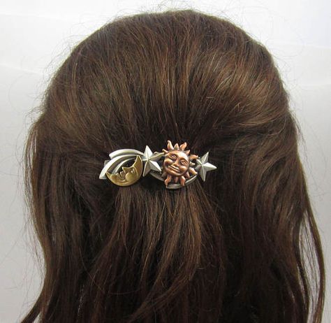 The Sun the Moon and the Star, its all here in this simply Heavenly 60mm Genuine French Barrette.  Four brass Celestial stampings are soldered together and atop the Genuine 70mm French Barrette Clip to create an out of this world Hair Accessory. A thick anti-tarnishing plate is professionally plated, oxidized to bring out the intricate detail in each piece, hand satined and lacquered to further insure this will never tarnish. No special care is required. Amazingly lightweight.  The mixed meta... Celestial Hair Pins, French Hair Barrettes, Celestial Hair Clips, Vintage Barrettes, Metal Hair Clips Vintage, World Hair, Vintage Hair Clips, French Clip, French Barrette