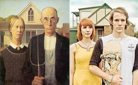 Booooooom and Adobe have partnered up for a photo project and contest called "Remake", which asks people to recreate famous works of art using photography. American Gothic Parody, Grant Wood American Gothic, Social Media Challenges, Grant Wood, American Gothic, Art Parody, Getty Museum, Classic Paintings, Famous Art