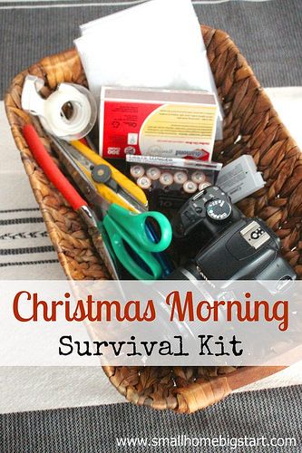 christmas-morning-morning-survival-kit Christmas Morning Survival Kit, Christmas Morning Kit, Morning Tips, Thanksgiving Table Settings, Survival Kits, Gift Kit, Trash Bags, All Toys, Survival Kit