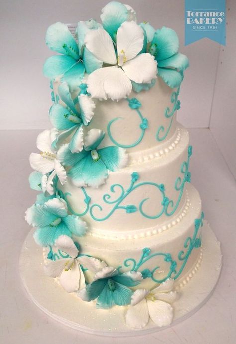 Teal Wedding Flowers, Teal Wedding Cake, Blue Wedding Cake, Big Wedding Cakes, Quinceanera Cakes, Tiffany Blue Wedding, Diy Wedding Cake, Beach Wedding Cake, Gumpaste Flowers