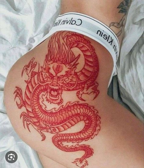 Dragon Tattoo Hip, Dragon Thigh Tattoo, Hip Thigh Tattoos, Dragon Tattoo For Women, Hip Tattoos Women, Red Ink Tattoos, Dope Tattoos For Women, Red Tattoos, Thigh Tattoos Women