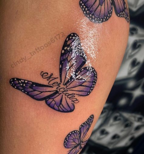 Garden Grove CA 📍🦋👑 | 💜 Purple @low_n_slow_tattoo_studio #purplebutterfly #butterflytattoo #butterfly #butterflynails #tattooideas #tattooideasforgirls… | Instagram Purple And Green Butterfly Tattoo, Purple Butterfly Tattoo Memorial, Butterfly Thigh Tattoo Black Women, Butterfly Strength Tattoo, Butterfly With Date Tattoo, Purple Tattoo On Dark Skin, Purple Tattoos For Women, Slow Tattoo, Blue Tattoo On Brown Skin