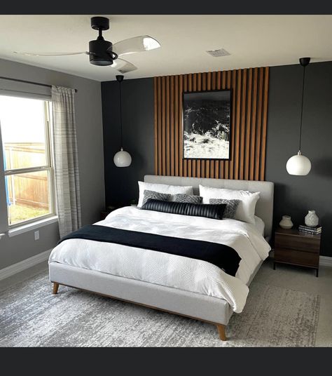 Horizontal Wood Slat Wall Bedroom, Men's Bedroom Design Masculine, Sophisticated Boys Bedroom, Slate Headboard, Male Room Ideas Masculine Bedrooms, Young Adult Male Bedroom Ideas, Mens Bedroom Ideas Masculine Interior, Adult Male Bedroom Ideas, Man Bedroom Ideas