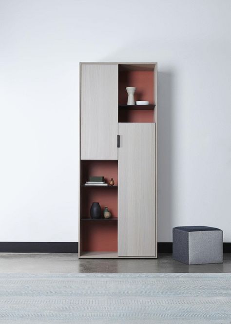 Storage solutions are known for being functional and sturdy, less-so for being aesthetically intriguing. This is not your typical cabinet, but it’s just as useful. A brightly colored back and offset partial doors activate the piece and inspire a myriad of uses. Shift — part of the new Studio Group from Henrybuilt. #architecture #interiordesign #luxuryliving #storage Dining Wall, Heirloom Furniture, Book Rack, Bedroom Furniture Design, Colorful Furniture, Tv Unit, Diy Woodworking, Wall Panels, My Dream Home