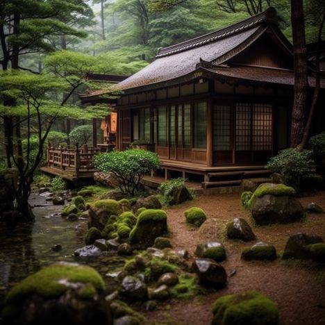 Secluded house in forest Japanese House In Forest, Japan Forest Aesthetic, Japanese Forest House, Japanese Cottage House, Small Japanese House Exterior, Japanese House Aesthetic, Japanese Mountain House, Traditional Japanese House Exterior, Japanese Countryside House