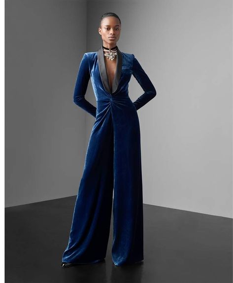 Dark Blue Jumpsuit, Jumpsuit Fall, Formal Jumpsuit, Velvet Jumpsuit, Velvet Suit, Jumpsuit Outfit, Blue Jumpsuits, Ralph Lauren Collection, Jumpsuit Fashion