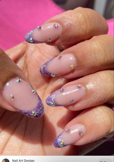 Glitter French Nails With Rhinestones, Purple French Tip With Rhinestones, Mail Art With Gems, Purple French Tip Nails With Rhinestones, Bejeweled French Nails, Purple French Tip With Gems, Gel Nails With Gems Rhinestones, Purple Nails With Gems Rhinestones, Colourful Gem Nails