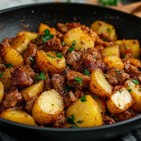 Potato and Meat Delight: A Simple Yet Delicious Dinner with Just Three Potatoes - Recipes Time Healthy Meat And Potatoes Recipes, Potatoe Hamburger Recipes, Best Meat And Potatoes Recipes, Ground Meat With Potatoes, Ground Turkey And Potato Recipes For Dinner, Minced Meat And Potatoes, Cheap Potato Meals, Brats And Potatoes Recipes, Potato Supper Ideas