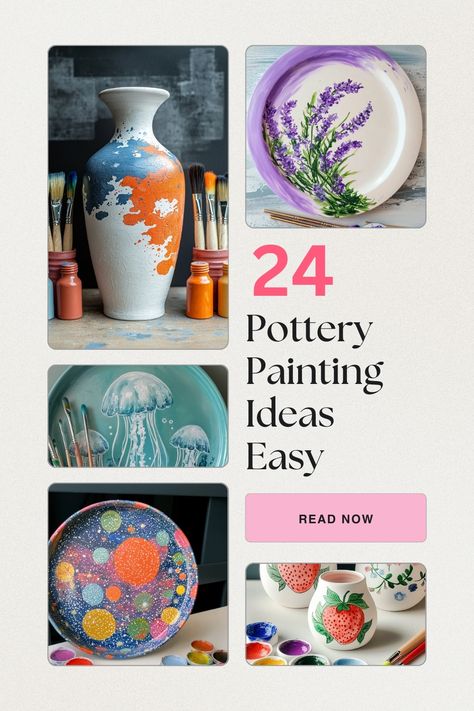 A collage of pottery painting designs including jellyfish, lavender, strawberry, galaxy, and abstract patterns, showcasing easy and inspiring pottery painting ideas. Paint Ideas For Pottery, Paint A Plate Ideas Easy, Diy Painted Pottery Ideas, Easy Bowl Painting Ideas, Geometric Pottery Painting, Ceramic Painting Easy Ideas, Pottery Jug Painting Ideas, Paint Ceramics Ideas, Simple Plate Painting Ideas