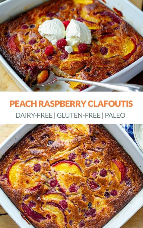 Great for brunch or dessert, this Peach & Raspberry Clafoutis is super easy, light and delicious. (Gluten-free, Dairy-free, Paleo Recipe) #clafoutis #peach #raspberries #glutenfree #dairyfree #paleo Raspberry Clafoutis, Baked Fruit Desserts, Traditional French Desserts, Paleo Breakfasts, Mat Inspiration, Clafoutis Recipes, Paleo Recipies, Peach Raspberry, Peach Recipes