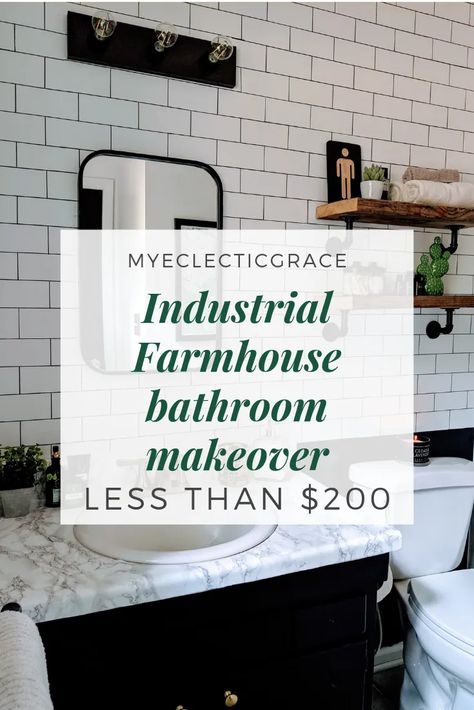 Farmhouse Bathroom Makeover, Industrial Farmhouse Bathroom, Masculine Bathroom, Farmhouse Bathroom Design, Industrial Style Bathroom, Plastic Shower Curtain, Eclectic Bathroom, Diy Backsplash, Bathroom Farmhouse Style