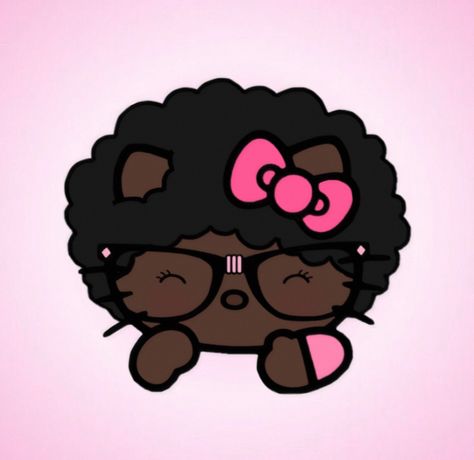 Dark Skin Hello Kitty Pfp, Black Hello Kitty With Glasses, Light Skin Hello Kitty, Afro Hello Kitty, Hello Kitty Profile Pic, Afro Kitty, Black Hello Kitty Pfp, Hello Kitty With Glasses, Hello Kitty Profile