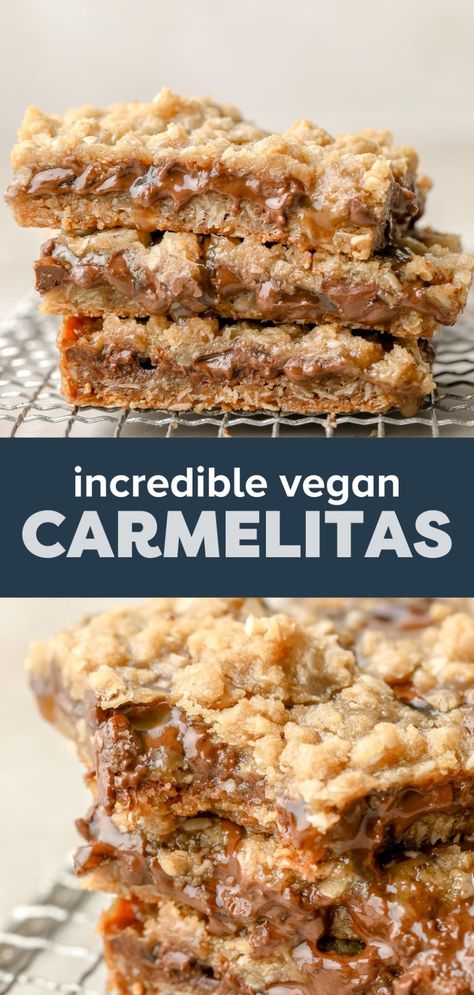 Vegan Carmelitas Vegan Caramel Dessert, Vegan Treats Recipes, Vegan Gf Dessert Recipes, Vegetarian Desert Ideas, Vegan Bar Recipes, Vegetarian Desserts Easy, Vegan Bars Dessert, Vegan Caramel Cookies, Vegan Carmelitas