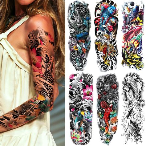 (Ad) Fake Fish Sleeve Tattoo Stickers, 6-Sheet Full Arm Fish Flower Temporary Tattoos Sleeves for Adult Kids Women Makeup (As an Amazon Associate I earn from qualifying purchases) #tattooscolored Amazon Tattoo, Colorful Sleeve Tattoos, Fake Tattoo Sleeves, Arm Temporary Tattoos, Temporary Tattoo Sleeves, Tattoo Sleeves, Tattoos For Black Skin, Arm Sleeve Tattoos, Unique Tattoo Designs