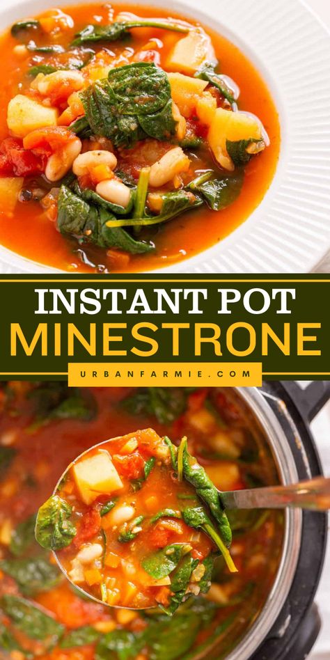 Easy to make fall comfort food for dinner! This Instant Pot Minestrone recipe is packed with hearty veggies, beans, and Italian seasonings, and is ready in 30 minutes. Make this fall soup recipe perfect for a quick and nutritious vegetarian meal! Healthy Fall Soups Vegetarian, Minestrone Soup Recipe Instant Pot, Instant Pot Soup Vegetarian, Minestrone Soup Instant Pot, Instant Pot Vegetable Soup, Hearty Fall Meal, Minestrone Recipe, Instant Pot Minestrone, Fall Casseroles