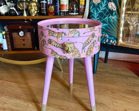 BeaumontDesignUk - Etsy Colourful Bedside Table, Tiger Table, Round Bedside Table, Pink Nightstands, Bright Home Decor, Round Bedside, Bedside Table Round, Glitter Tips, Bright Home