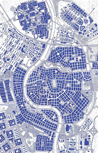 Fictional city map, by Rennø - Hand drawn city map of Raalte (called after some Dutch town). The city is situated on two rivers, on of them being an affluent, ending in the other. It's drawn as a city as it could have grown in multiple centuries: city center, former bastions, station close to the river side, apparment buildings from the 70s and newer neighbourhoods surrounding the city. In a word: a very European city. European Urban Planning, Fictional City Map, Map Graphic Design Illustration, Rome Graphic Design, Maps Graphic Design, Simple Map Design, Map Design Graphic, Graphic Design Map, City Graphic Design