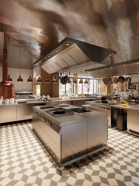 Luxury Restaurant Kitchen, Open Concept Restaurant Kitchen, Open Kitchen Design Restaurant, Thai Kitchen Design, Live Kitchen Restaurant Design, Chef Kitchen, Luxury Commercial Kitchen, Industrial Kitchen Design Stainless Steel, Kitchen Restaurant Design