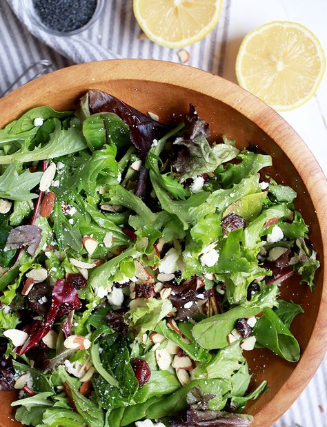 Cranberry Almond Salad @themerrythought Almond Salad, Honey Roasted Almonds, Great Salad Recipes, Green Salads, Clean Foods, Poppyseed Dressing, Candied Almonds, Leafy Green Salads, Cranberry Almond