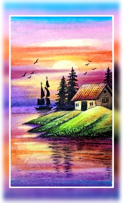 Jain Cultural & Educational Centre Soft Pastel Drawing Landscapes, Beautiful Scenery Drawing, Color Wheel Art Projects, Oil Pastel Landscape, Sky Scenery, Oil Pastel Drawings Easy, Soft Pastels Drawing, Oil Pastel Colours, Watercolor Scenery