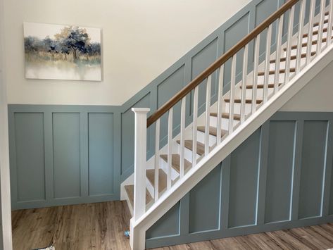 Painted in SW Breezy Blue Stair Panelling, Duck Egg Blue Hallway And Stairs, Painted Stair Handrail, Board And Batten Stairway, Sw Breezy, Blue Bannister, Blue Stairwell, Stair Colors, Bannister Ideas Painted