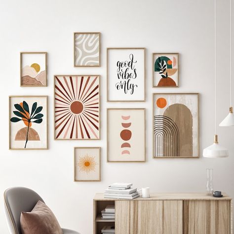 Boho Abstract Wall Art Gallery Wall Set of 9 prints Mid | Etsy Boho Pictures, Boho Posters, Boho Gallery Wall, Etsy Art Prints, Makeover Ideas, Abstract Poster, Gallery Wall Set, Wall Ideas, Boho Art