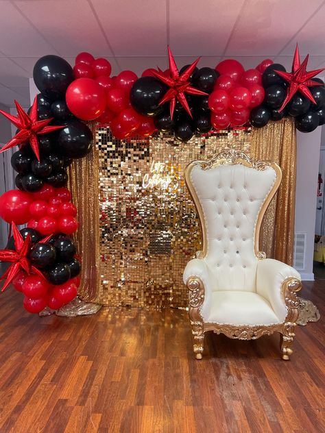 Create a magical backdrop for your next event with Thirty Plus Events. Backdrops enhance the theme of your event and also serve as stunning focal points, perfect for capturing memories that will last a lifetime. #backdrop #photoop #clarksvilledecorator #nashvilledecorator #thronechair #shimmerwall #balloongarland Sweet 16 Red Carpet Theme, Sweet 16 Party Planning, Trunk Party, Gala Themes, Mitzvah Decor, 30th Party, Shimmer Wall, Hollywood Theme, Red Party