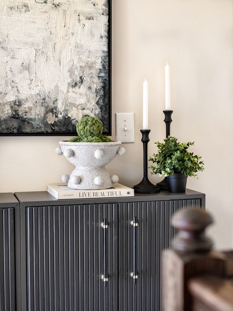 Eket Dining Room, Diy Fluted Sideboard, Rachel Carrasco, How To Dress A Sideboard, Eket Ikea Hacks, Ikea Eket Hack, How To Decorate A Sideboard, Fluted Sideboard, Fluted Furniture