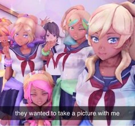 yandere simulater meme, bullies posing with ayano. caption "they wanted to take a picture with me" Yandere Bullies Pfp, Musume X Ayano, Ayano As A Bully, Ayano Aishi Pfps, Bully Ayano Aishi, Ayano Aishi Matching Pfp, Musume Yandere Simulator, The Bullies Yandere Simulator, Bully Ayano