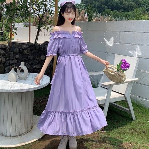 Purple Puff Sleeve Dress, Purple Dress Style, Purple Dress Outfits, Midi Party Dress, Summer Sundresses, Puff Sleeve Dress, Mori Girl, Fairy Dress, Puffed Sleeves Dress