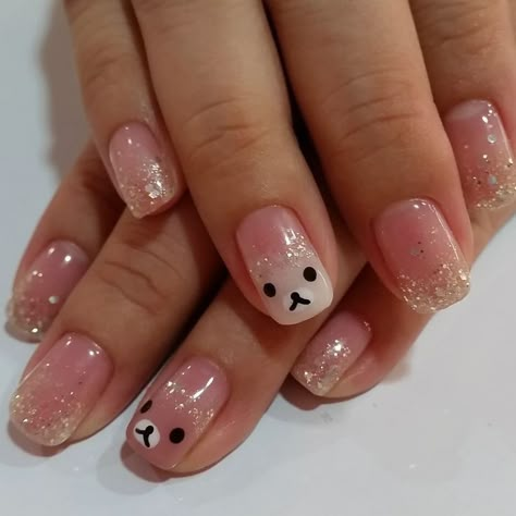 Kawaii French Tip Nails, Dorsa Core, Korilakkuma Nails, Kawaii Short Nails, Kawaii Nails Short, Rilakkuma Nails, Cute Rilakkuma, Makeup Nails Designs, Asian Nails