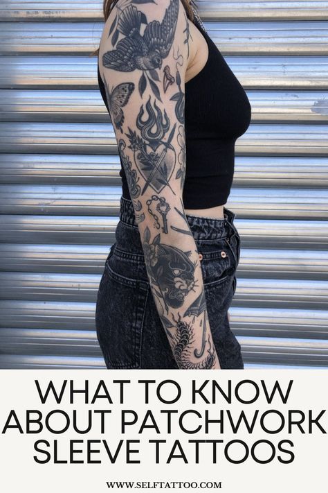 patchwork sleeve tattoo ideas for women, patchwork sleeve tattoo for men. a guide to patchwork sleeve tattoos, cohesive patchwork sleeve tattoos Traditional Tattoo Arm, Traditional Tattoo Woman, Shoulder Sleeve Tattoos, Full Tattoo, Traditional Style Tattoo, Patchwork Tattoo, Girls With Sleeve Tattoos, Traditional Sleeve, Full Arm Tattoos