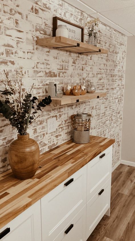 Sarah | DIY & Decor Expert | It all started because we had very little money remaining after our DIY kitchen renovation. We still had the backsplash left to do, but… | Instagram German Schmear, Faux Brick Panels, Pacing Guide, Open Plan Kitchen Dining Living, Open Plan Kitchen Dining, Brick Paneling, We Are Teachers, Diy Kitchen Renovation, Shelves Diy