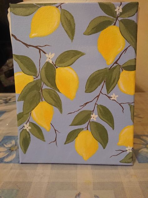 Painting Ideas On Canvas Lemons, Lemons Aesthetic Painting, Things To Paint Simple Canvas, Lemons Painting Easy, Easy Lemon Paintings On Canvas, Lemons And Oranges Painting, Lime Paintings Easy, Cute Lemon Painting, Lemon Tree Painting Easy