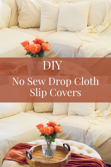 Diy Couch Cover Sectional, No Sew Slipcover, Cheap Couch Covers, Drop Cloth Slipcover, Diy Couch Cover, Diy Sofa Cover, Sectional Covers, Brown Sectional, Sectional Couch Cover