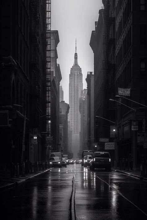 Introducing a stunning digital download of a captivating monochromatic portrait featuring the iconic Empire State Building and cars in the background. This image showcases the moody atmosphere of a dark city street, beautifully captured in shades of gray. The focus stacking technique used in this image creates a striking, multi-layered effect that adds depth and dimension to the overall composition. The sun rays shining upon the Empire State Building add a touch of warmth and contrast, making this image both brooding and beautiful. The monochromatic serenity and mastery of this piece make it an ideal choice for those seeking a minimalist and sophisticated aesthetic. Whether you're a lover of black and white photography or simply looking for a unique and eye-catching piece to add to your de Black Buildings Aesthetic, Charcoal Black Aesthetic, Black Future Aesthetic, New York Aesthetic Black And White, Black And White Images Aesthetic, Dark Corporate Aesthetic, Black And White Aesthetic City, Dark Street Background, Black And White City Aesthetic