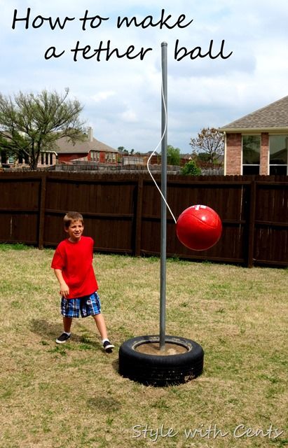 How to make a tether ball ~ www.stylewithcents.blogspot.com Playground Landscaping, Tetherball, Backyard Toys, Outdoor Party Games, Playground Ideas, Outdoor Play Areas, Diy Playground, Kids Outdoor Play, Outdoor Toys For Kids