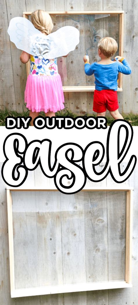 DIY Easel. How to make an easel. How to build an easel. Outdoor Easel. Homemade easel. DIY Painting Easel. Diy Perspex Easel, Build An Easel, Outdoor Easel, Activities For Kids Outdoor, Easel Diy, Make An Easel, Kids Playing Outside, Garden Setup, Natural Play Spaces